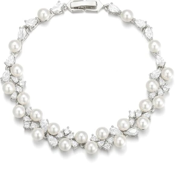 Elegant CZ Simulated Pearl Teardrop Tennis Bracelet Gift for Women - Picture 1 of 4